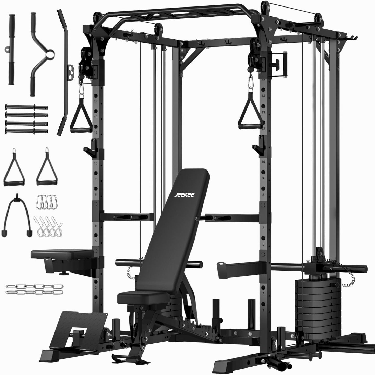 JEEKEE Power Cage with Cable Crossover System, 2200LB Heavy Duty Power Rack with Dual Pulley, 180LB Weight Stack, LAT Pulldown, 20+ Attachments for Home Gym,Black