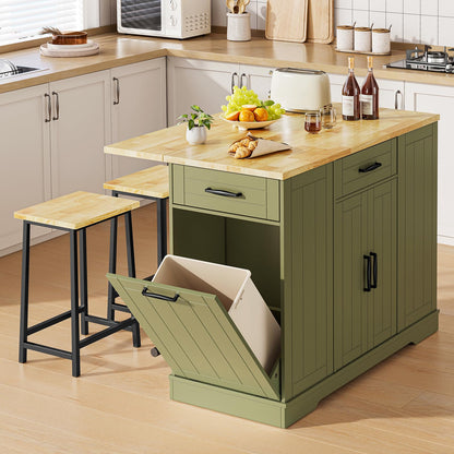 ONBRILL Stationary Kitchen Islands Include 2 Chairs, 47" Kitchen Island with Drop Leaf, Home Bar Table with Spice Rack & with Trash Cabinet, Island Table for Dining Room with Power Outlet, Green