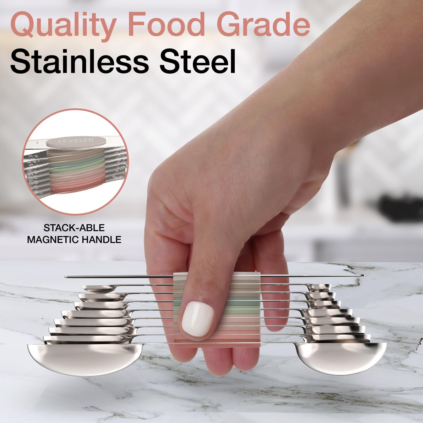 CuttleLab Magnetic Measuring Spoons Set - Stainless Steel, Double Ended, Stackable & Nested Design for Dry and Liquid Ingredients, Ideal for Spice Jars, 9-Piece Set with Leveler (Country Chic)