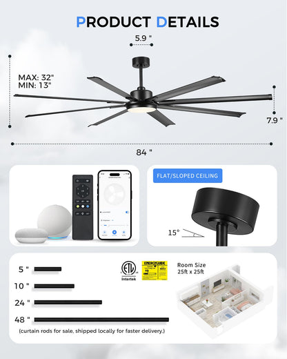 JAZAVA 84 Inch Industrial Ceiling Fan with Light, Large Ceiling Fan with 8 Aluminum Blades, Works with Alexa, 6-Speed Reversible DC Motor, 3 CCT Settings, Ideal for Covered Outdoor Spaces, CF04BK-84