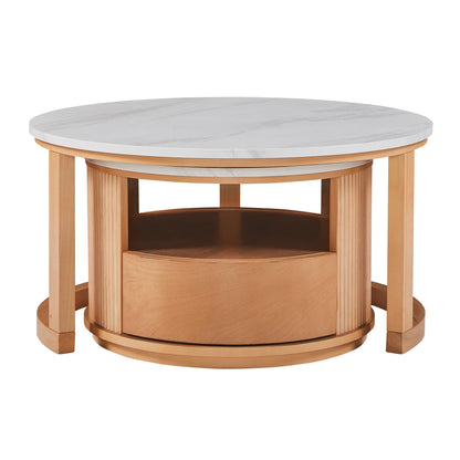 Merax 28.5" Round Nesting Coffee Table Set, Elegant Luxurious White Marble Top, Wood Finish, 2-Tier Storage and 1 Drawer for Living Room Apartment, Natural