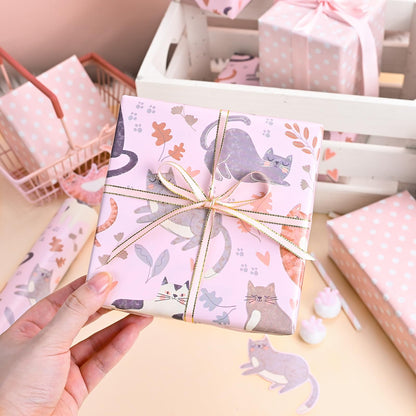 Burymento Reversible Cat Design Wrapping Paper Roll - Pink and white polka dot design on the other side, suitable for Valentine's Day, Birthday, Mother's Day, Wedding, Baby Shower