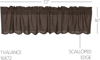 VHC Brands Kettle Grove Window Curtain, Plaid Valance Scalloped, Black, 16x72