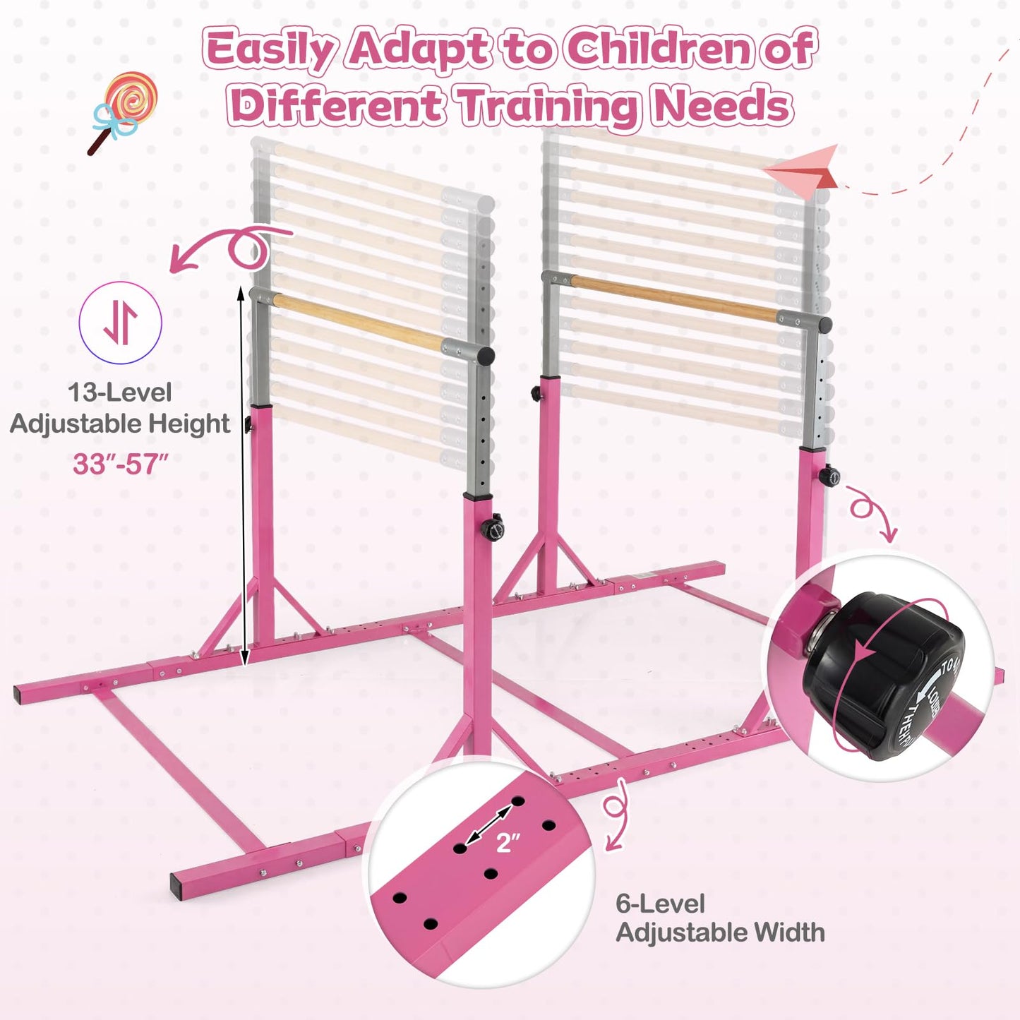 Goplus Double Horizontal Bars, Junior Gymnastic Parallel Bars with 13-Level 33"-57" Adjustable Heights & 6-Level Adjustable Width, 350 LBS Capacity for Indoor Outdoor Training (Pink)