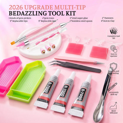 OCARDI 30Pcs Rhinestone Picker Tools for Bedazzling Kit - B7000 Jewelry Glue for Craft,9-in-1 System with 3 Picker Pens&9 Interchangeable Tips, Trays,Tweezers&Clay,All-in-One Diamond Art Painting Set