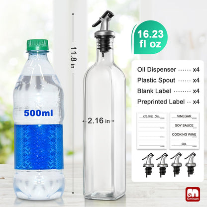 gmisun Olive Oil Dispenser for Kitchen, 4 Pack 17 fl oz Glass Oil Dispensers Bottle, Cooking Soy Sauce Bottle Container Cruet with Plastic Pourer Spout, Funnel and Labels, Clear