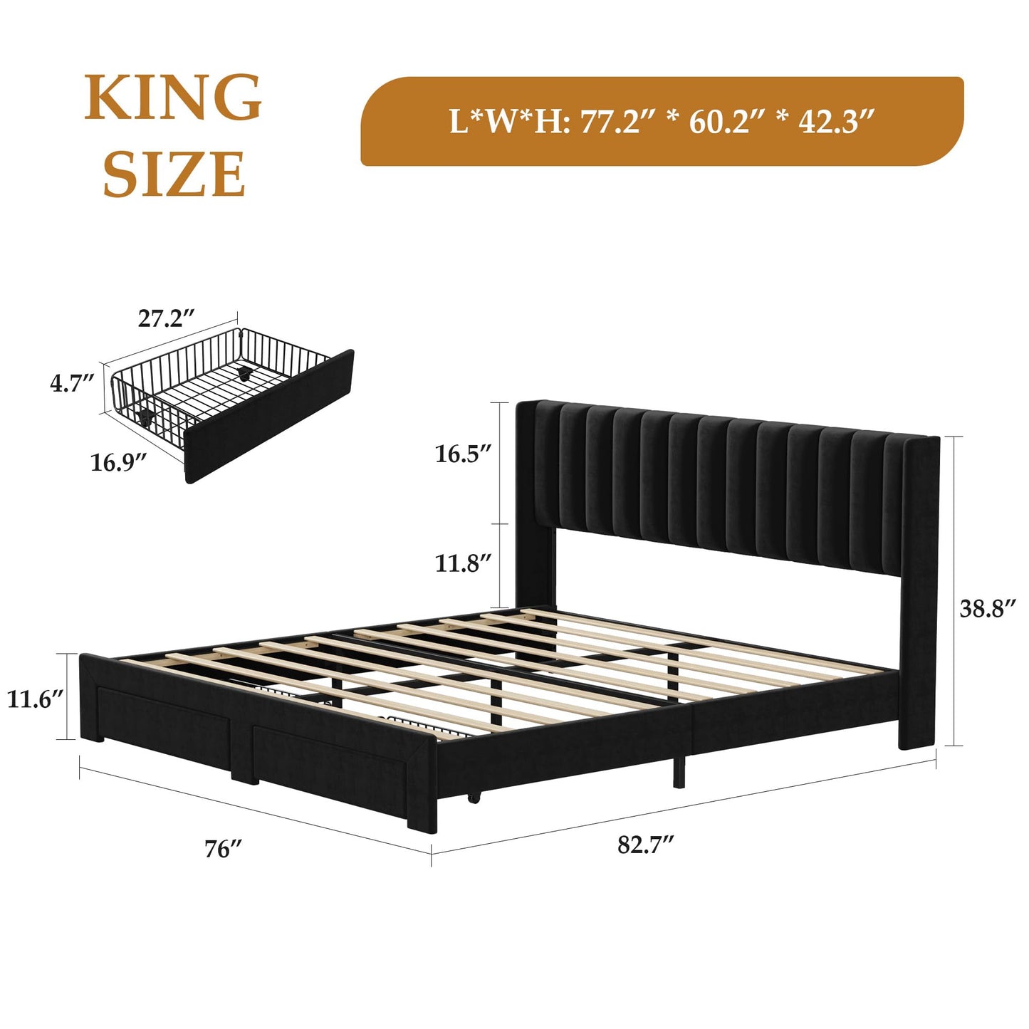 Garvee King Size Bed Frame, Velvet Upholstered Bed Frame with Wingback Headboard, 2 Storage Drawers, No Box Spring Needed, Black