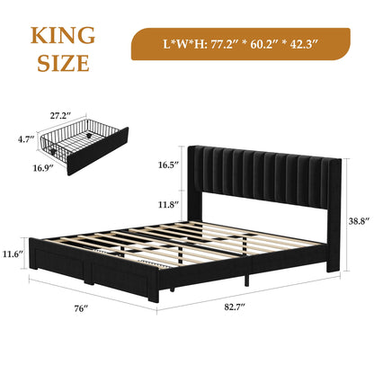 Garvee King Size Bed Frame, Velvet Upholstered Bed Frame with Wingback Headboard, 2 Storage Drawers, No Box Spring Needed, Black