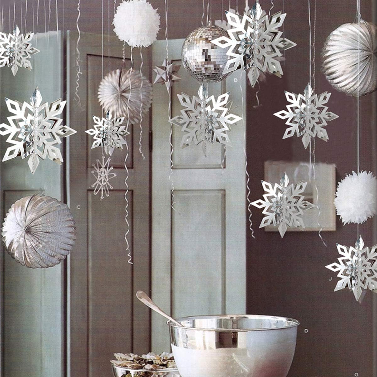 OuMuaMua Winter Christmas Hanging Decorations - 12PCS 3D Large Silver Snowflakes & 12PCS White Paper Snowflakes Garland