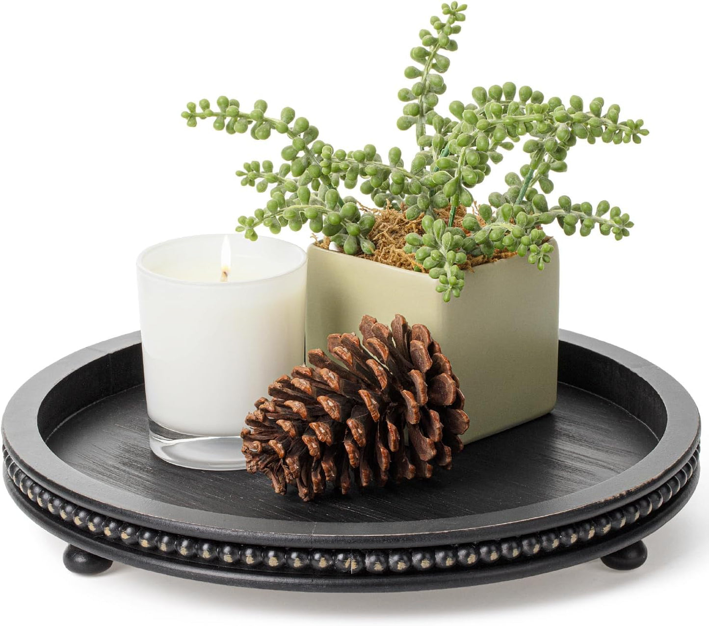 12", Bamboo Land- Round Decorative Trays for Coffee Table, Black, Wood Tripod & Beaded Design, Wooden Round Tray