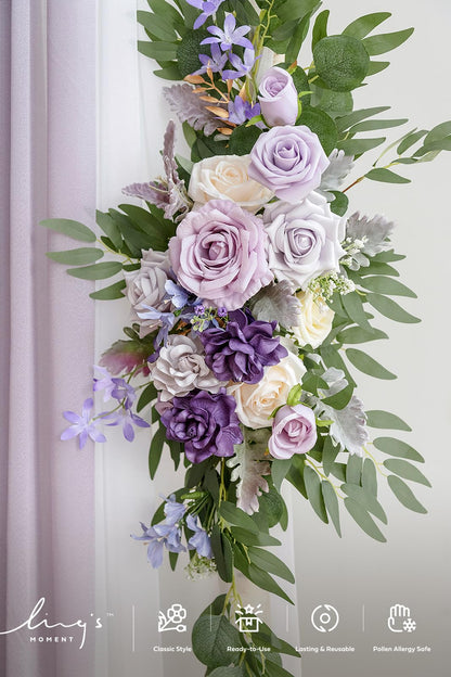 Ling's moment Wedding Arch Flowers with Sheer Drapes Kit - Artificial Purple and Gold Rose Floral Arrangements for Ceremony Backdrop, Arbor Decor, 5-Piece Set (2 Flower Stems + 3 Hanging Drapes)