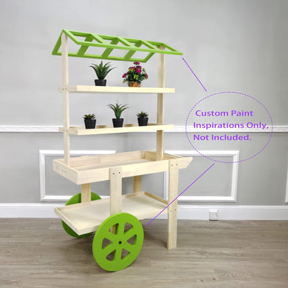 FixtureDisplays® Flower Cart Vending Cart Farmers Market County Fair Wagon Wood Stall Stand Rolling Shelf Retail Booth Kiosk 42.0" Long x 68" Tall x 25.0" Wide 19402