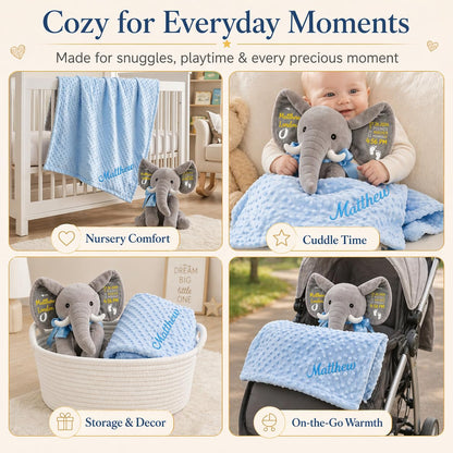 Dyoart Personalized Woven Basket with Gift Bags & Ribbons, Decorative Basket with Elephant Stuffed Animal and Blanket Set, Handle Storage Basket for Nursery Toy Pet, Birthday Baby Shower Gifts Set
