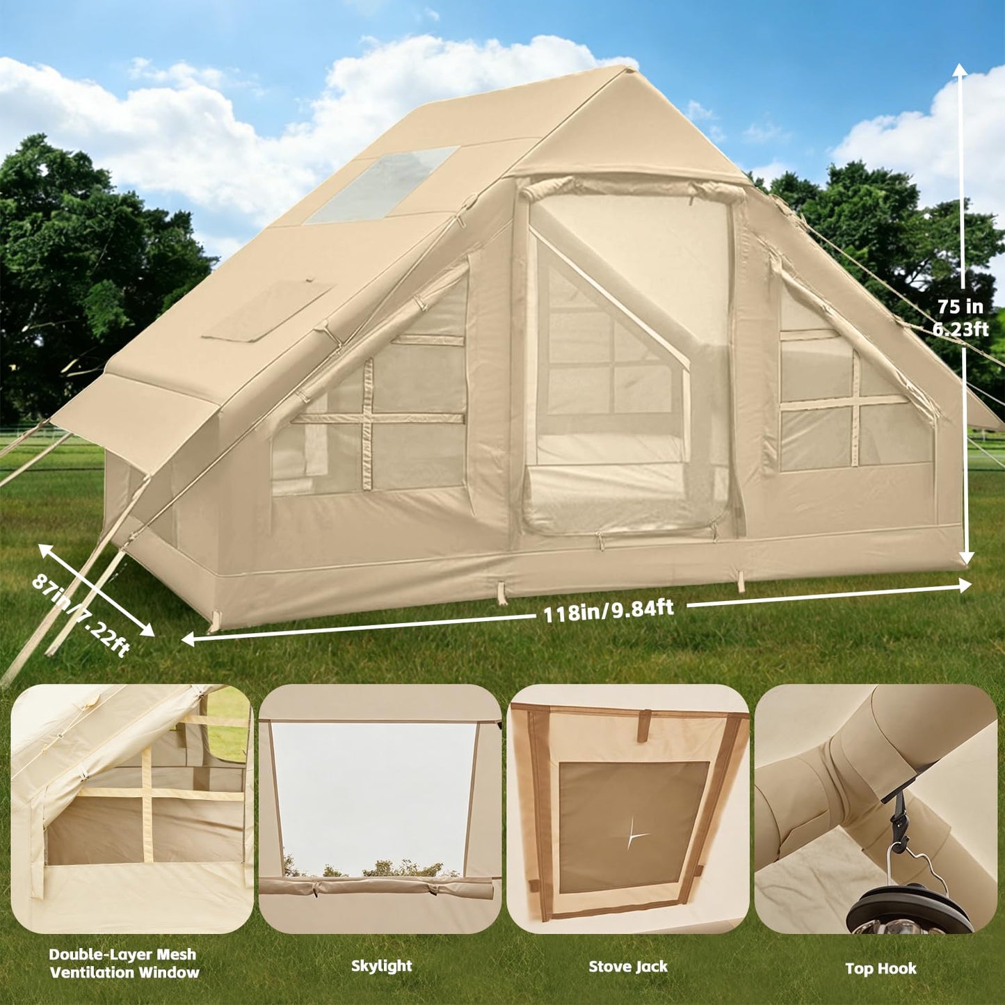 Inflatable Tents for Camping, 4-6 Person Easy Blow Up Tent with Hand Pump,4 Seasons Waterproof Air Inflatable Camping Tent,Hot Tent with Skylight and Stove Jack for Family Camping,Beige