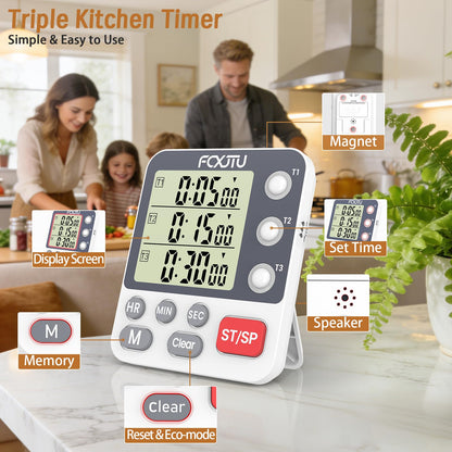 FCXJTU Digital Dual Kitchen Timer, 3-Channel Magnetic Countdown Stopwatch Timer for Cooking, Large Display, Loud Alarm, 100Hr Multi Food Classroom Timer for Seniors & Teachers (Battery Included)
