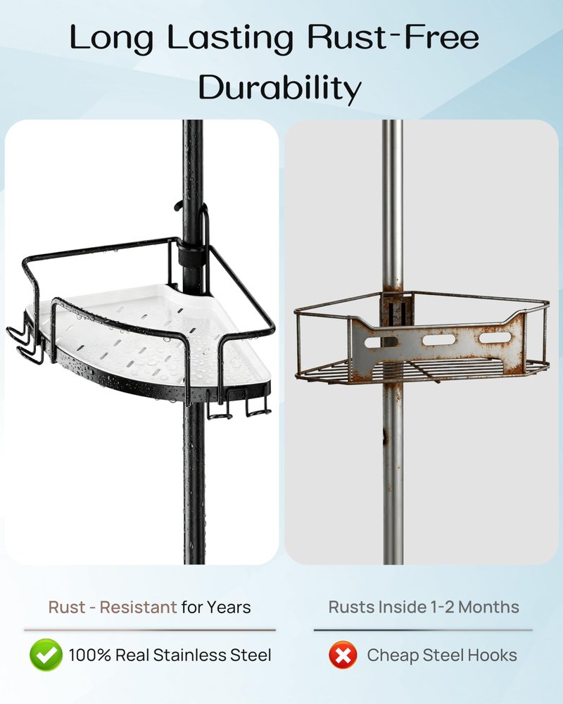 ALLZONE Corner Shower Caddy Tension Pole, 4 Hang-On Basket with Mixed-Height Shelves for Various Bottle Sizes, Extra Hooks & Soap Holder, Rustproof Stainless Steel, Fits 34–116 Inch, Silver