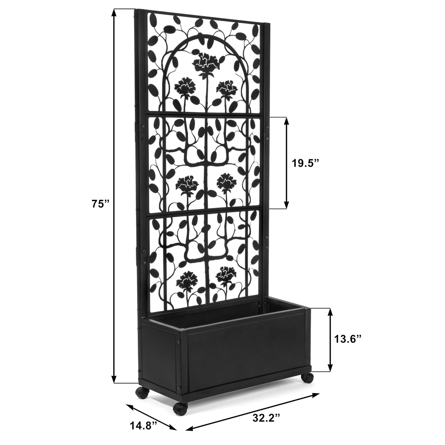H Potter Black Metal Trellis Planter with Wheels 75” Tall Privacy Screen for Patio Deck Balcony