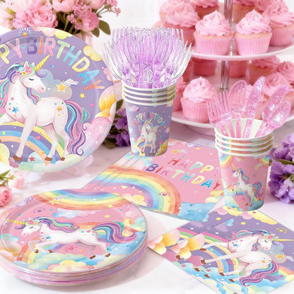 NKPDAXM Unicorn Birthday Decorations - Plates, Napkins, Cups, Cutlery, Hanging Swirls, Banner, Honeycomb Centerpiece, Balloons, Tablecloths for Rainbow Girls Birthday Party Decorations, Serves 24