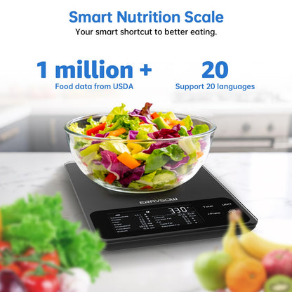 Smart Food Kitchen Scale with Nutritional Calculator, 30 Nutrients App for Tracking Calories, Fat, Carbs & Protein, Personal Goals and Daily Reports, On-Screen Nutrient Info, 22lb/10Kg