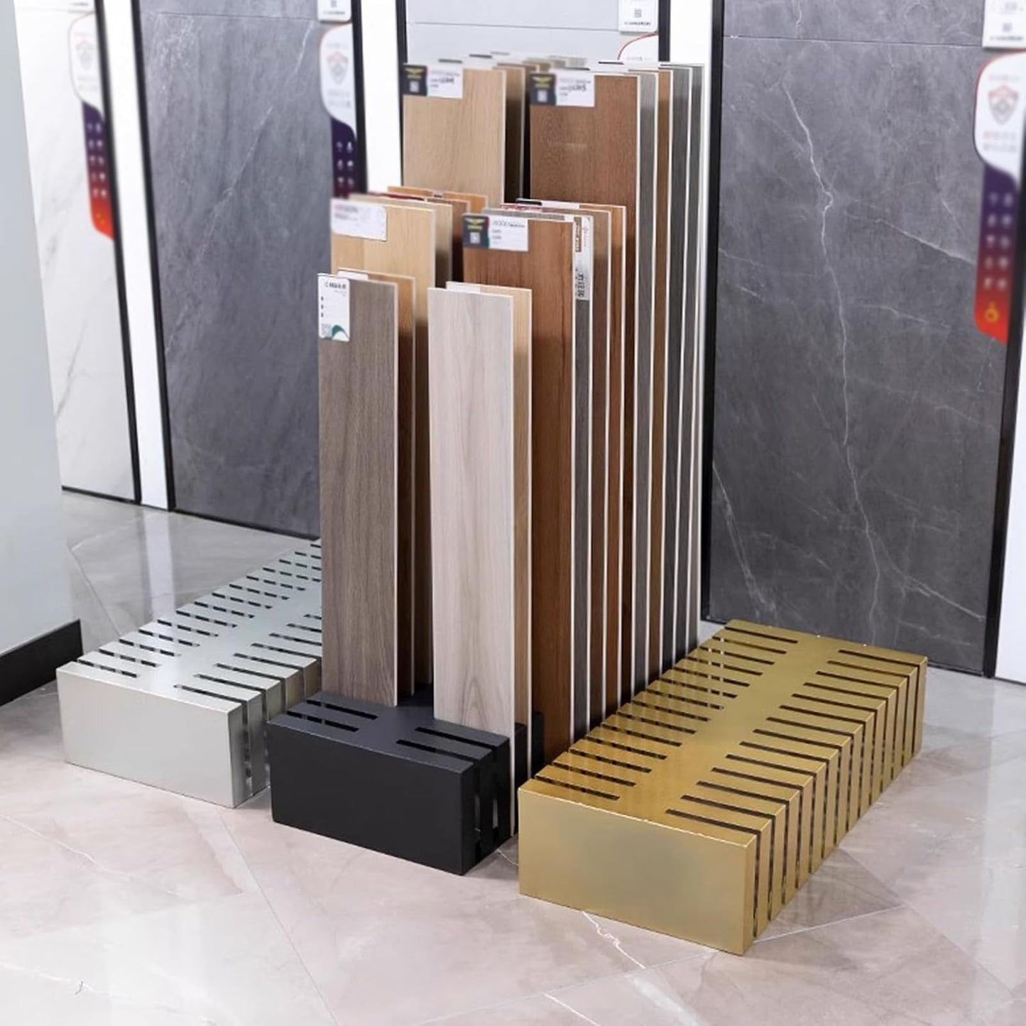 Floor tile sample rack,Durable Wooden Tile Display Stand, 0.8in Slotted Flooring Holder, Retail Exhibition Shelf for Plates & Products, Black Floor Rack - Perfect for Stores & Trade Shows