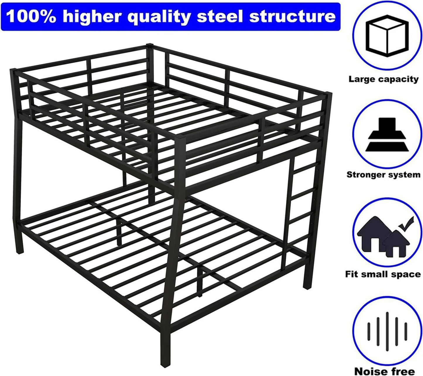 LEEKOUS Upgraded Version Heavy Duty Metal Full XL Over Queen Bunk Bed, Thicken Stronger Steel Full Over Queen Bunk Bed, Queen Size Bunkbed Frame for Adults, Easy Assembly, Black (Full XL Over Queen)
