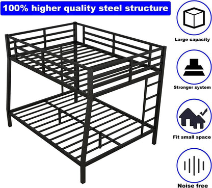 LEEKOUS Upgraded Version Heavy Duty Metal Full XL Over Queen Bunk Bed, Thicken Stronger Steel Full Over Queen Bunk Bed, Queen Size Bunkbed Frame for Adults, Easy Assembly, Black (Full XL Over Queen)