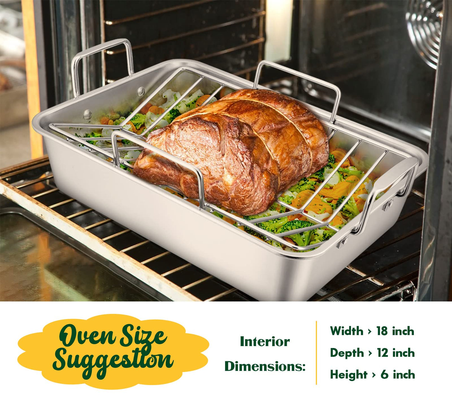 E-far Roasting Pan, 16 x 11.5 Inch Stainless Steel Turkey Roaster with V-shaped & Flat Rack, Non-toxic & Heavy Duty Deep Broiling Pan, Dishwasher Safe - Large