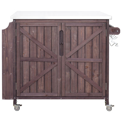 Merax Farmhouse 42." Grill Cart with Stainless Steel Top & Side Shelf, Outdoor Grill Station w/Adjustable Shelf & Lockable Wheels, Modular Kitchen Island for Food Prep & BBQ, Dark Brown
