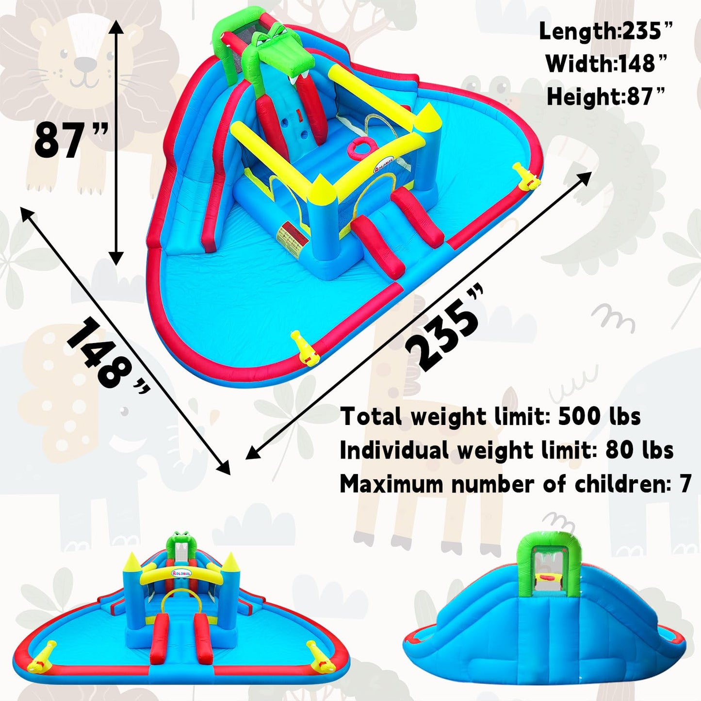 Rolonal Inflatable Bounce House with Water Slides,Double Ball Pit/Water Pool,Crocodile Styling,Climbing Wall,Outdoor Kids Bouncy Castle with Air Blower