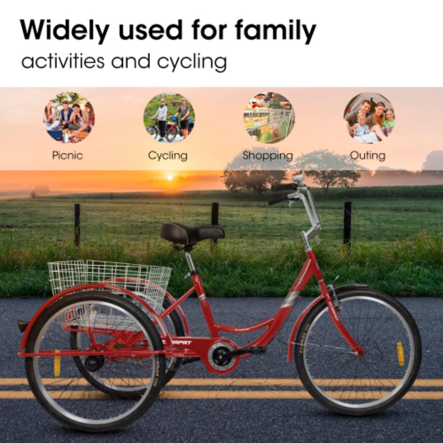 RENPINYOUX Tricycle, Adult Tricycle, 24" Tricycle with Shopping Basket, 350 Lb Capacity, Easy to Install, Suitable for Seniors, Women and Men
