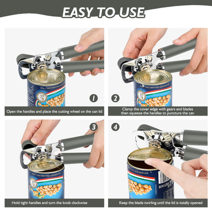 Mebotem 10 Colors Can Opener Manual Handheld Heavy Duty Hand Can Opener Smooth Edge Stainless Steel Can Openers Top Lid Kitchen Gadgets, Best Large Rated Easy Turn Knob, with Bottle Opener, Gray