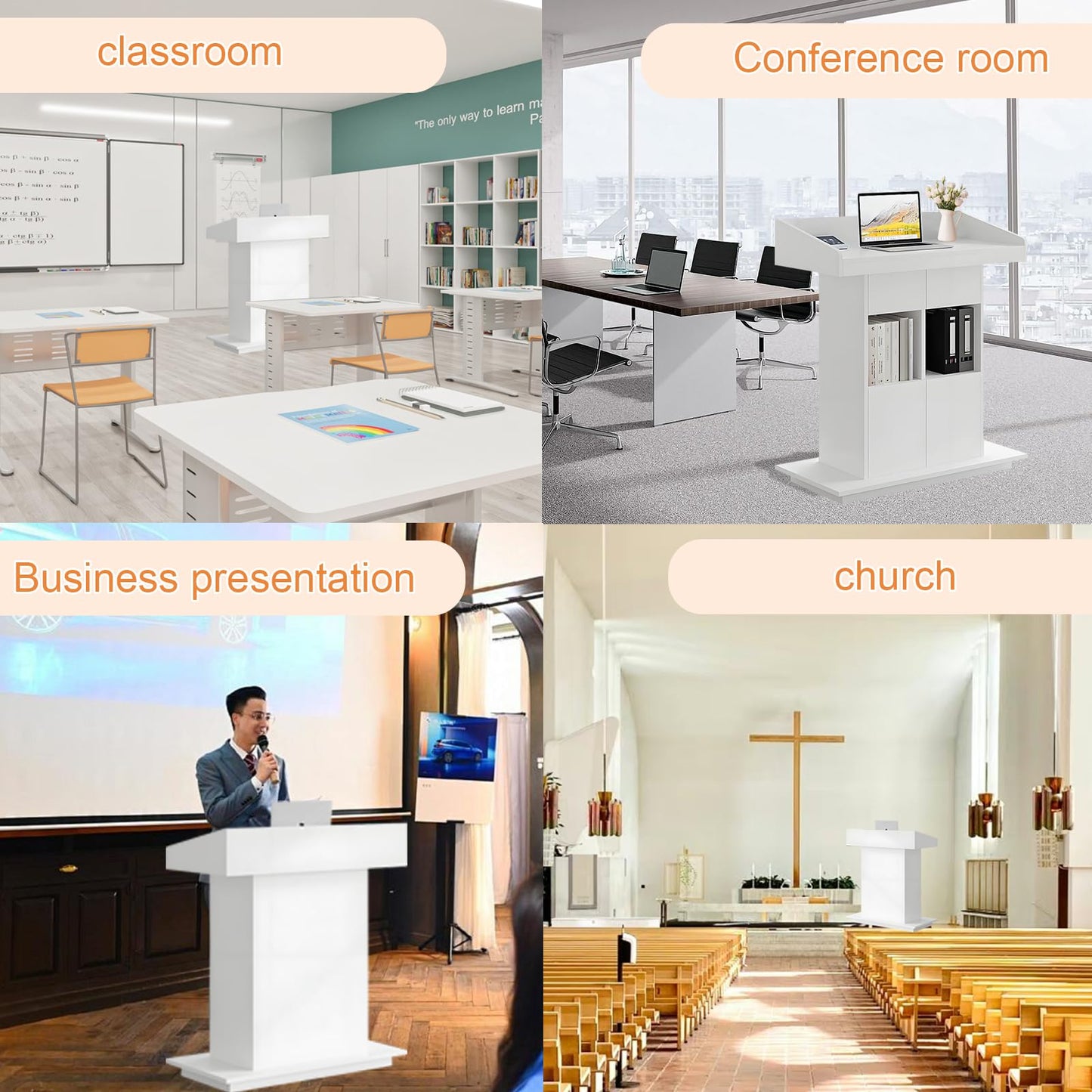 Wooden Podium Stand, Lecterns & Podiums with Storage Shelves and Drawer, Pulpits for Churches Classrooms and Conferences, Easy to Clean and Install (White, 39.4in)