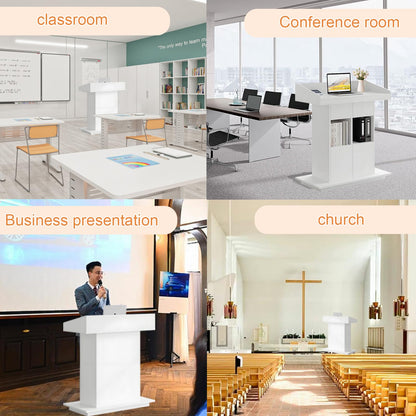 Wooden Podium Stand, Lecterns & Podiums with Storage Shelves and Drawer, Pulpits for Churches Classrooms and Conferences, Easy to Clean and Install (White, 39.4in)