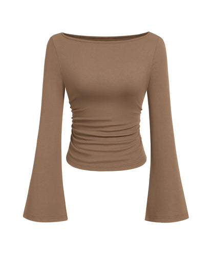 PRETTYGARDEN Women's Long Sleeve Shirts 2025 Fall Crop Going Out Tops Casual Boat Neck Bell Sleeve Ribbed Ruched Y2K Clothes