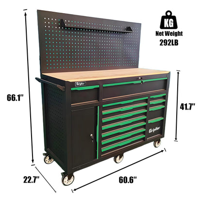 Griplier 13-Drawers Rolling Tool Cabinet with Wood Workbench,Pegboard,60.6W x 22.7D x 66.1H inch,Heavy-Duty Steel Tool Storage,Lock & Key for Home,Garbge or Workshop Use(13 Drawer + 348 Pieces Tools)