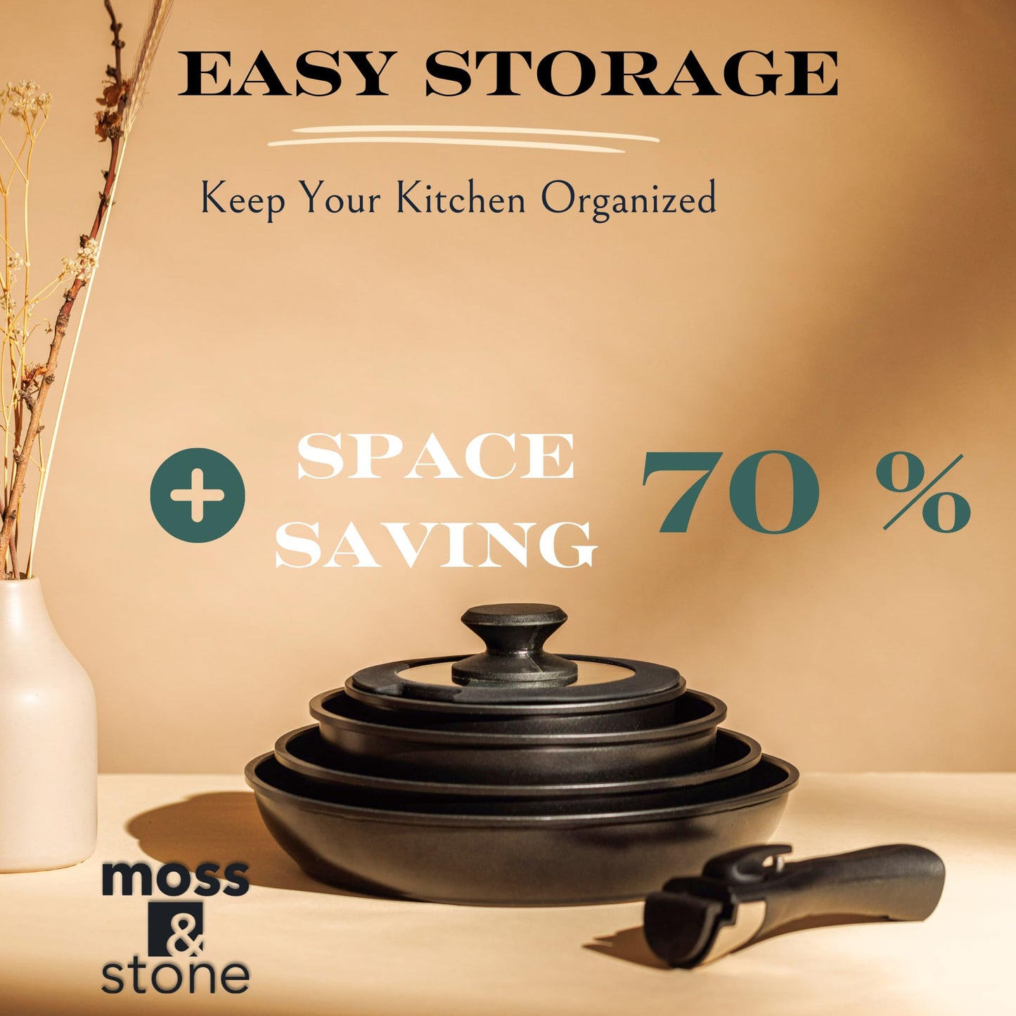 Moss & Stone 10pcs Nonstick Cookware Pans with Removable Handles, Space Saving Pots and Pans with Removable Handles, RV Pots and Pans Set for Camping, Oven and Induction Ready
