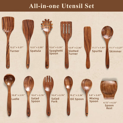 Wooden Spoons for Cooking, 12 Pcs Teak Wood Kitchen Utensils Set with Spoon Rest - Nonstick Heat Resistant Wooden Cooking Utensils, Natural Healthy Spatula Set for Pots and Pans