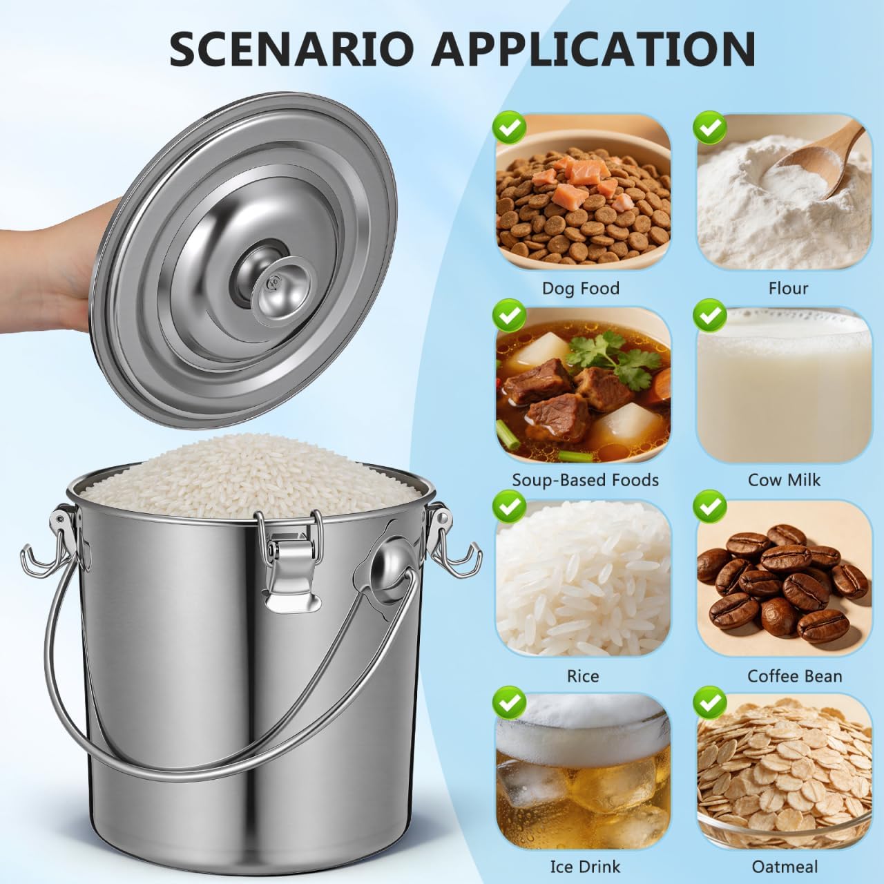 152 oz iplusmile Stainless Steel Airtight Canisters Container: fl Airtight Clamp Lid Kitchen Food Storage Bucket