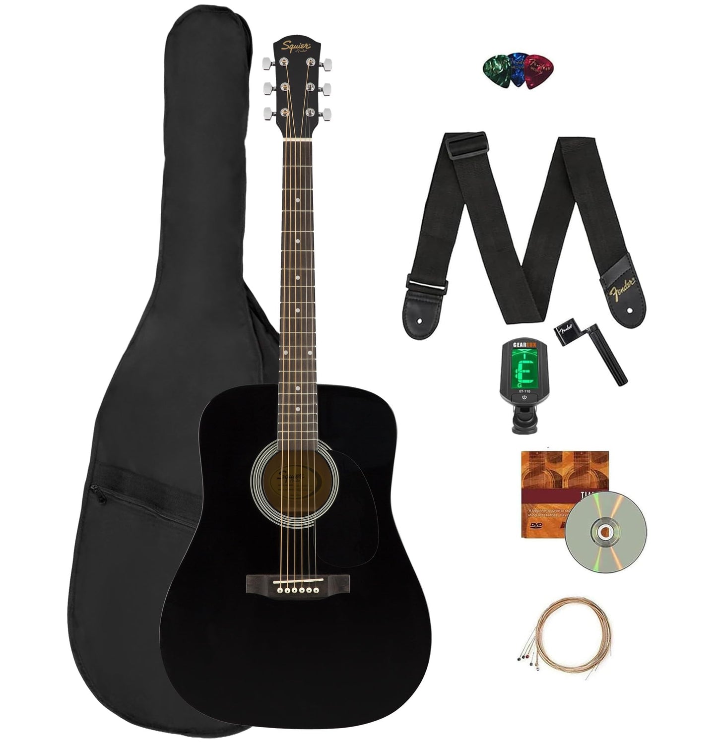 Fender Classic Design Dreadnought Acoustic Guitar - Black Bundle with Gig Bag, Tuner, Strap, Strings, String Winder, Picks, and Austin Bazaar Instructional DVD