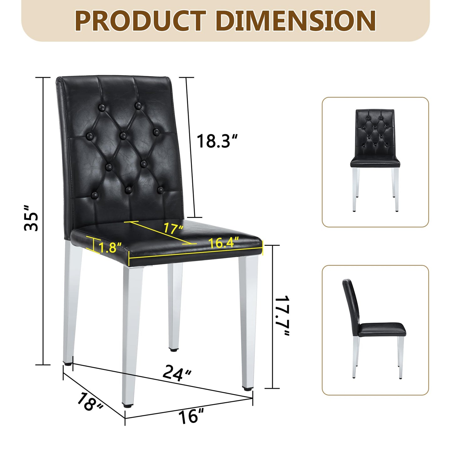 KEIKI Luxury Upholstered Dining Chairs Set of 4, PU Leather Parsons Dining Room Chairs with High-Resilience Cushion and Buckle Backrest, Easy Assembly, for Dining Room, Kitchen, Restaurant, Black