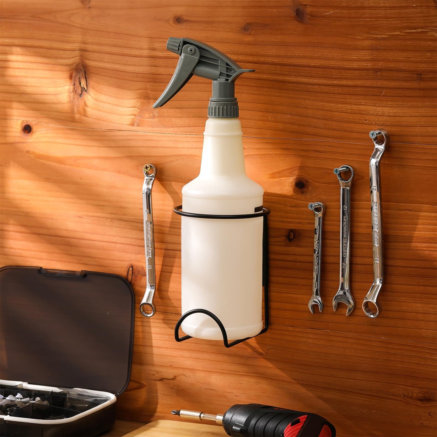 CroBlissful 4 Pcs Spray Bottle Holder Wall Mount Heavy Duty Spray Bottle Rack Stainless Steel Storage Rack Garage Can Organizer Craft with Hardware (Black)