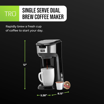 Tru Single Serve Dual Brew Coffee Maker - Premium Brewer for Coffee Capsules or Grounds - Features Self-Cleaning