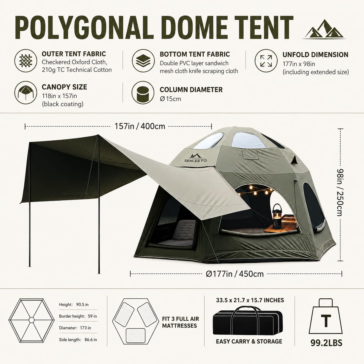 SENLEETO Inflatable Tents for Camping 6-8 People,174.81 Square Feets Igloo Tent, Inflatable Hot Tent with Stove Jack 4 Season Blow up Tents Waterproof Glamping