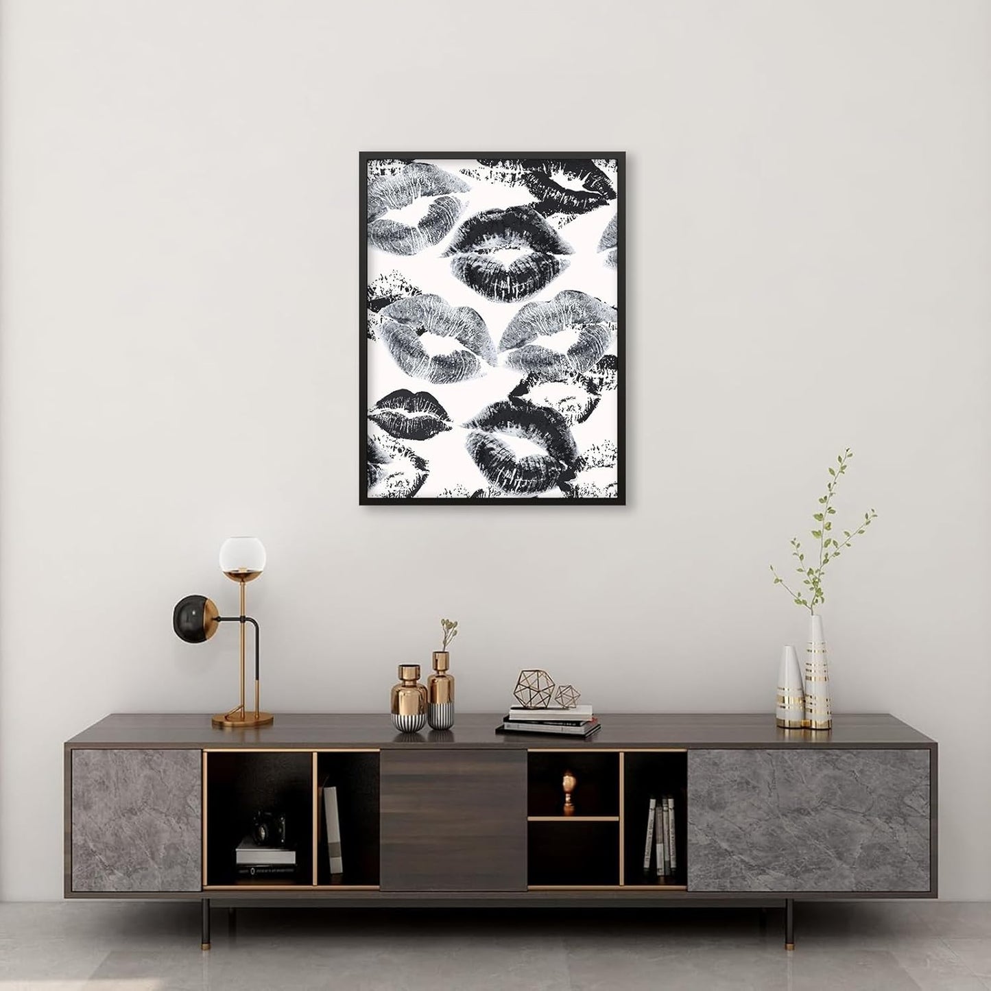 OMANI 08x10 inch Woman Lips Posters Black and White Sexy Kiss Canvas Wall Art Black Framed Fashion Retro Aesthetic