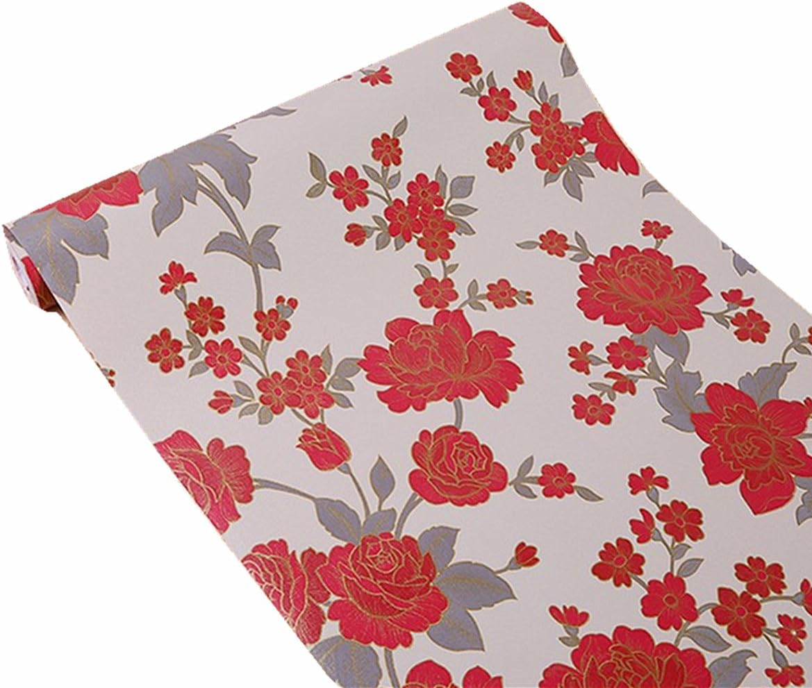 Vintage Floral Adhesive Paper Vinyl Shelf Liner, Peel Stick Dresser Drawer Sticker, 17.7inch by 118inch (Red)
