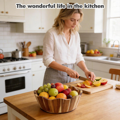JIANXINGHOOM Wooden Fruit Bowl Large Serving Bowl for Kitchen Counter Ideal for Fruit Salad Mixing Snacks Desserts and Bread