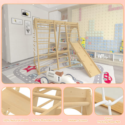 Toddler Jungle Gym, 66" Indoor Playground Set with Swing, Rock Climb Wall, Slide, Monkey Bars, Wood & Rope Ladder, Rope Wall Ladder for Kids 1-8yrs