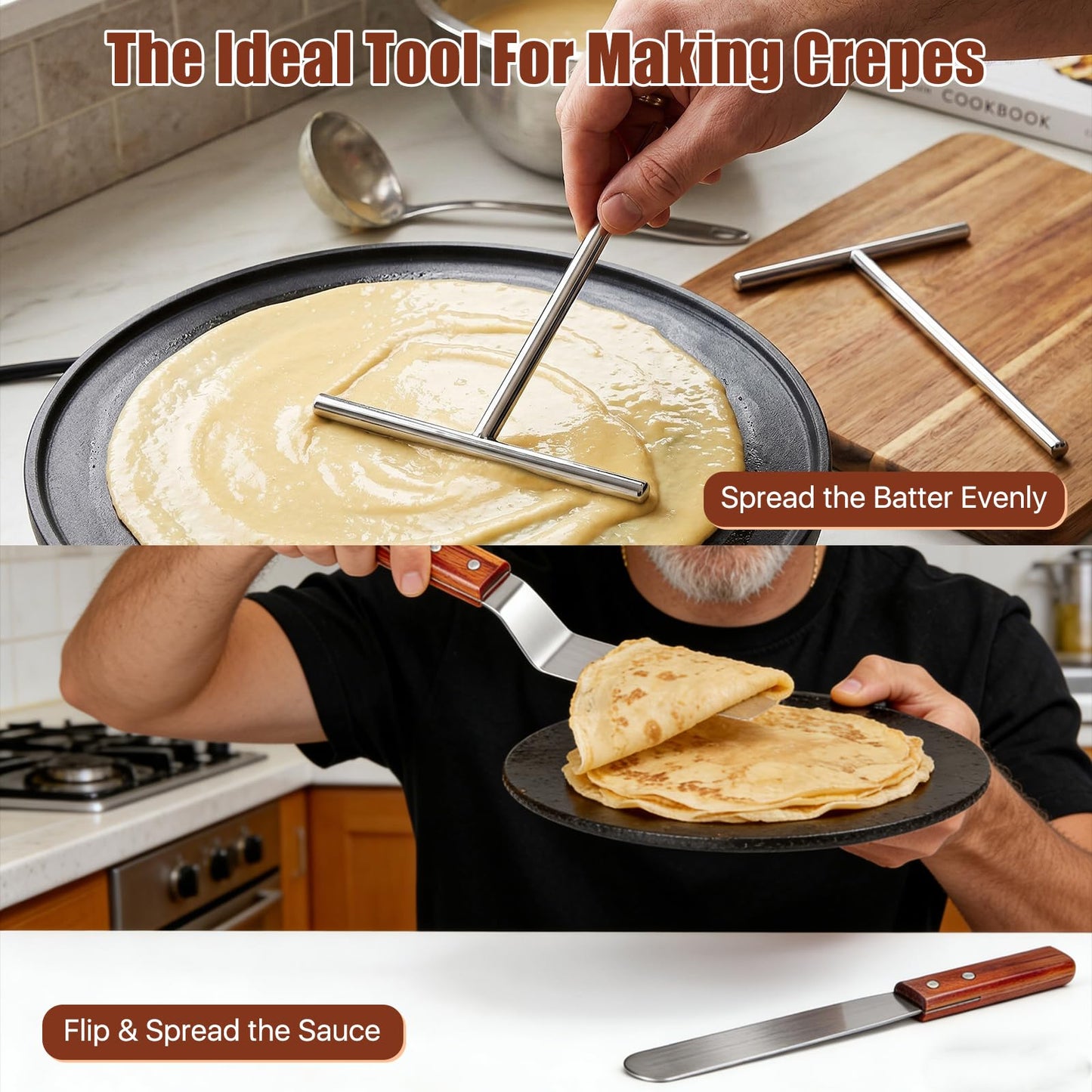 Lainballow Crepe Spreader and Spatula Kit, 7" & 5" T-Shaped Batter Spreaders and Wood Handle Offset Spatula Curved and Straight, Stainless Steel Pancake Tool, Batter Spreaders Fit Any Crepe Pan Maker
