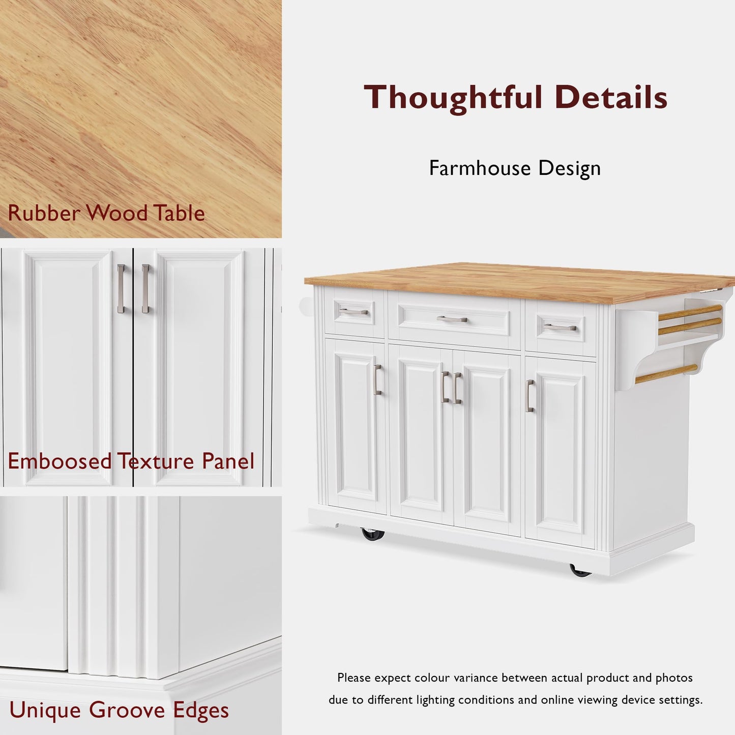 Ball & Cast Modern Large Kitchen Island with Rubber Wood Drop Leaf, Embossed Texture Rolling Cart on 4 Wheels W/4 Doors & 3 Drawers, Mobile Storage Kitchen Islands W/Storage for Dining Room,White,54"