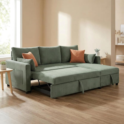 Trygoal Queen Sleeper Sofa, Convertible Sofa Bed with Storage, 85 Inch Sectional Couch with Pull Out Bed, L Shaped 3 Seat Sectional Sleeper Sofa for Living Room, Apartment, Green